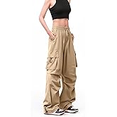 FLEFRM Womens Parachute Cargo Pants with 6 Pockets High Waisted Quick Dry Water-Resistant Baggy Y2K Casual Drawstring Pants