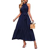PRETTYGARDEN Women's Summer Floral Maxi Sun Dress Sleeveless Halter Neck Flowy Ruffle Hem Long Boho Dresses with Belt