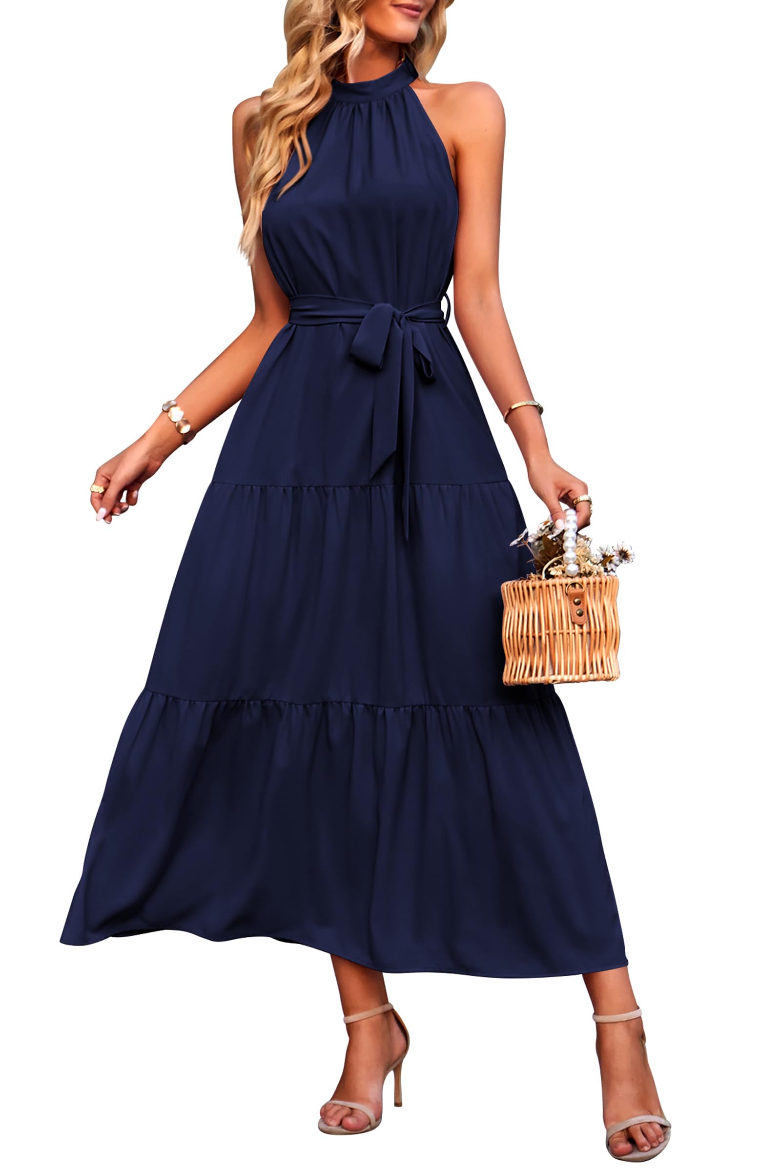 Photo 1 of PRETTYGARDEN Women's Summer Maxi Sun Dress Sleeveless Halter Neck Flowy Ruffle Hem Long Boho Dresses with Belt (Solid Navy,Medium)