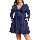 Manllenshie Womens Plus Size Dress Roll up Long Sleeve Casual Deep V Neck Twist Knot Front Flowy Dresses with 2 Pockets