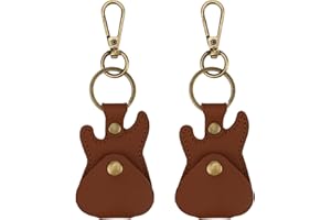 2pcs Leather Guitar Pick Holder Keychains, Portable Guitar Shaped Plectrum Case Key Chain Charm Ring Keyring with Snap Hook P
