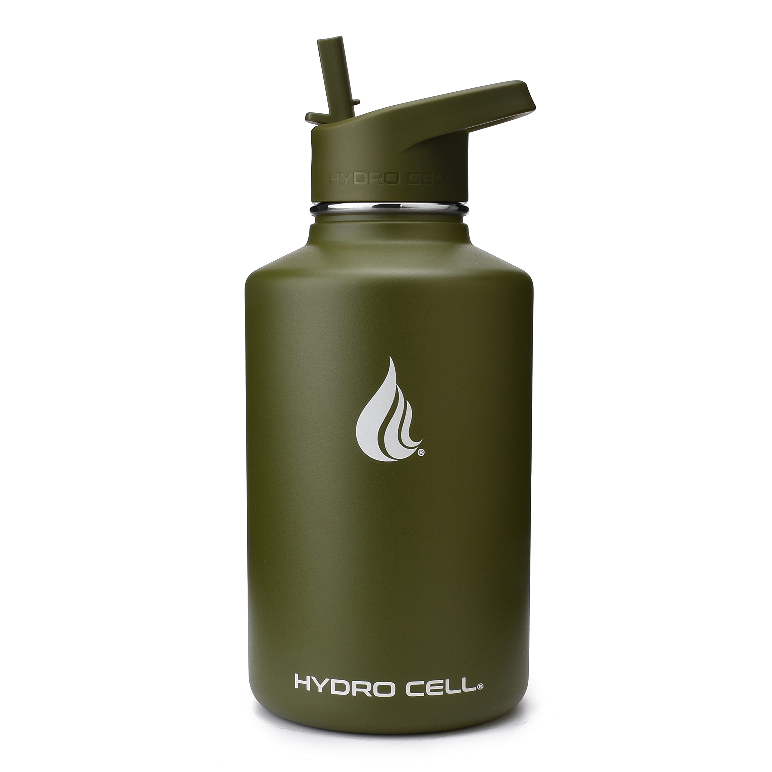 HYDRO CELL Sports Cap w/Straw for Wide Mouth Water Bottles - BPA Free Flip Spout Replacement Lid - 64 oz Sports Top Accessories (Army Sports Cap, 64oz)