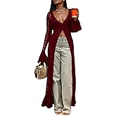 LETSVDO Womens Long Crochet Cardigan Bell Sleeve Ruffle Knit Hollow Out Lightweight Duster Sweater Beach Cover up Dress