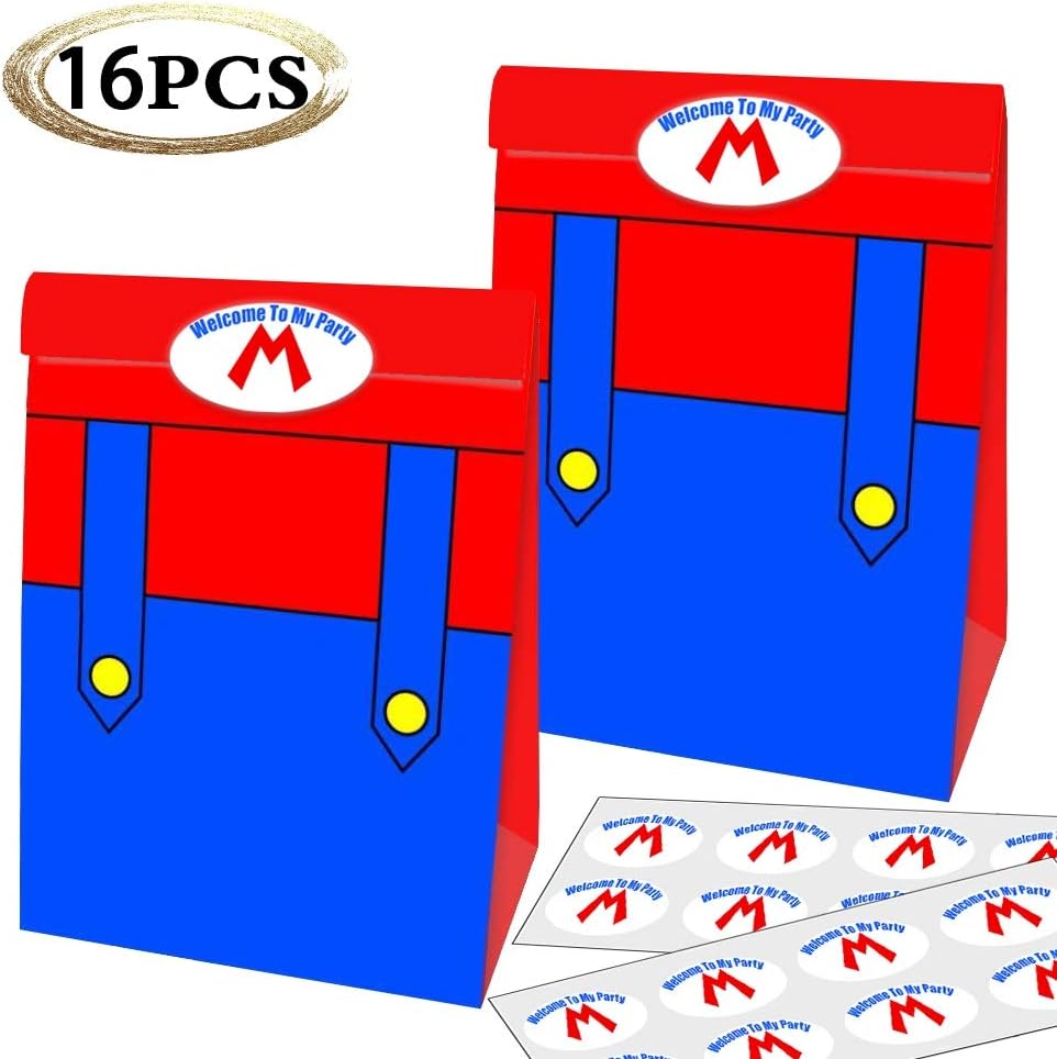Super Mario Birthday Party Supplies for Party Decorations Party Favor Gift Goody Treat Candy Mario Bags with Stickers Kids Adults Video Game Theme Party Favors - 16 PCS