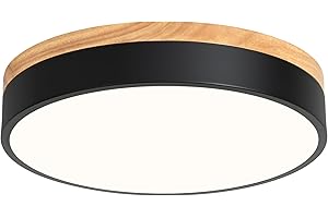 Yiisem Dimmable Wood LED Flush Mount Ceiling Light, 2700K-6000K Selectable Modern Black 11.8" Round Ceiling Lamp for Bedroom,