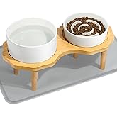 4-in-1 Ceramic Elevated Slow Feeder Dog Bowl Set, 6.3inch Dog Water Bowl and 5.9inch Slow Dish with Wooden Stand, Spill Proof Silicone Mat for Small and Medium Dog, Anti-Gulping (White)