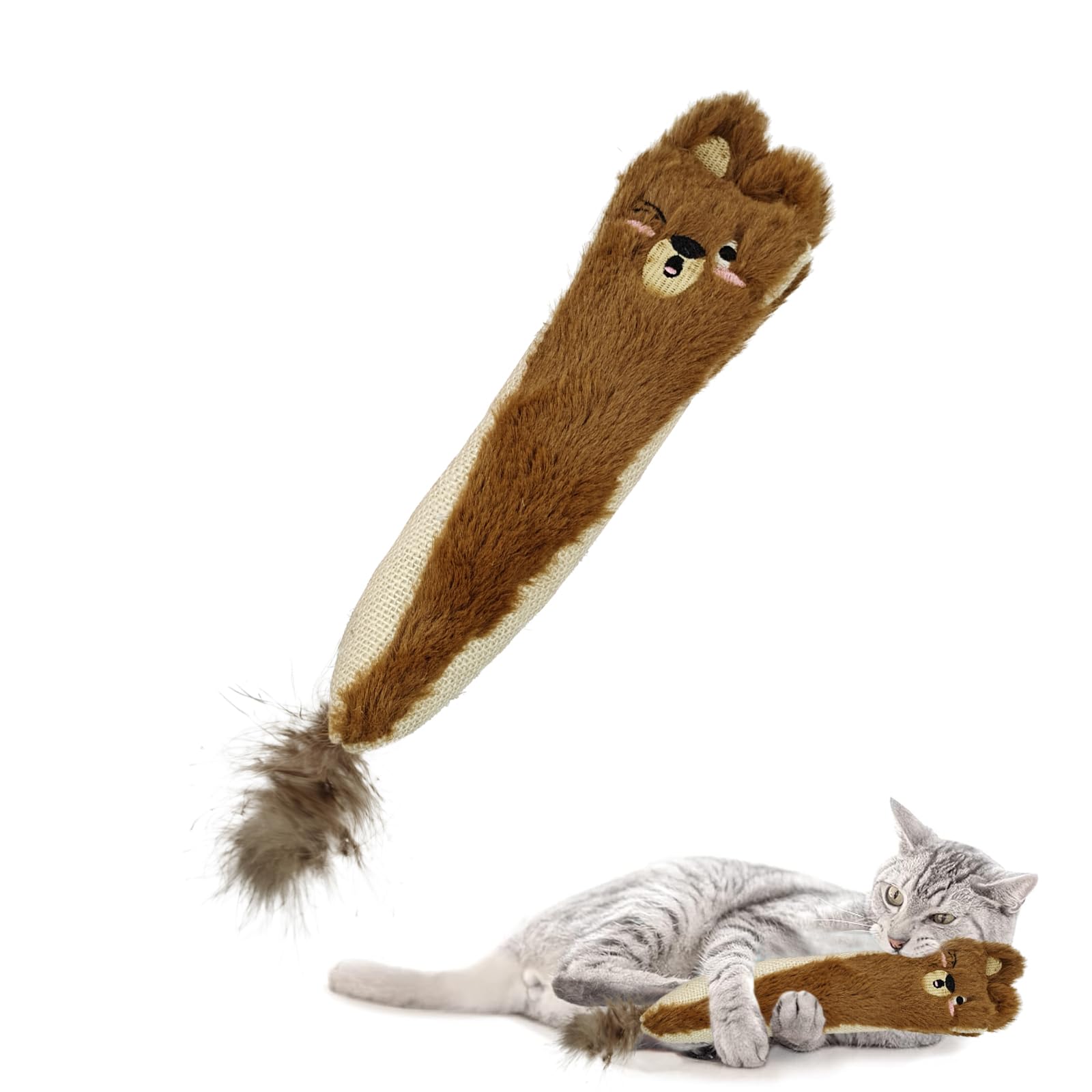 Andiker Cat Toys for Indoor Cats,10.24in Plush Catnip Toy with Crinkle Paper Inside,Fluffy Interactive Cat Toy with Feather and 2 Sisal Scratchers for Biting, Chewing, Scratching and Kicking (Brown)