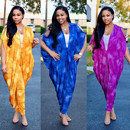 Womens 2 Piece Outfit Tie Dye Ombre Cardigan Outerwear and Pants Set yellow Medium