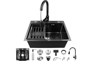 19.7 x 17.7 Inch Black Single Kitchen Sink,304 Stainless Steel Single Basin, Includes Pull-Down Faucet, Drop-in Workstation S