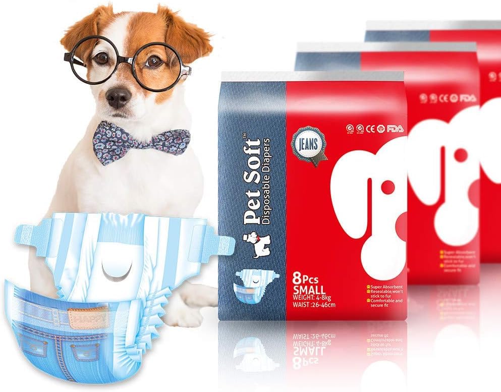 Pet Soft Female Dog Nappies Disposable - 24pcs -Puppy Dog Diaper - Denim Jeans/Cowboy Style - Super Absorbent Pet Puppy Pants - S