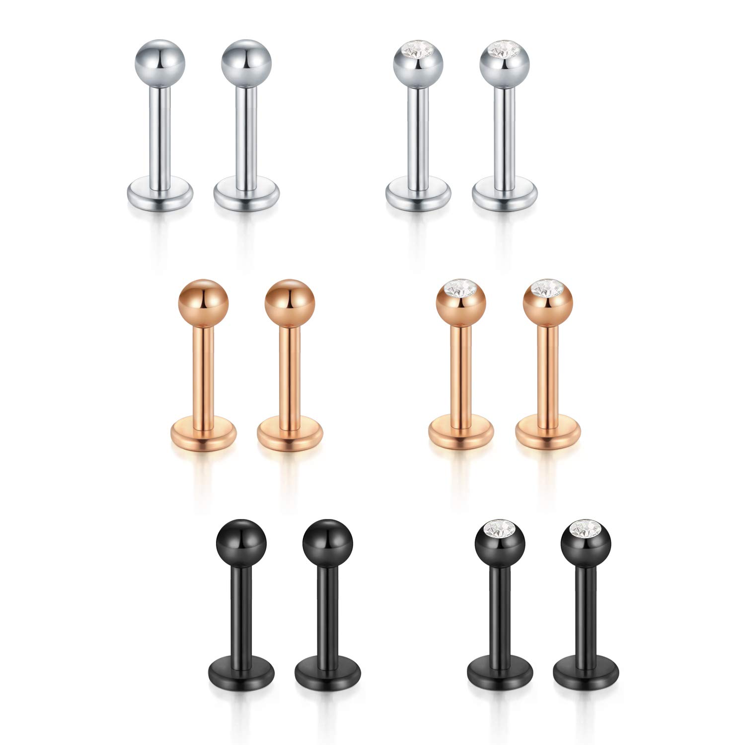 VCMART 6 Pairs Lip Labert Bars Stud Stainless Steel 1.2mm Tragus Helix Cartilage Earring Barbell Piercing Jewellery 6/8/10mm