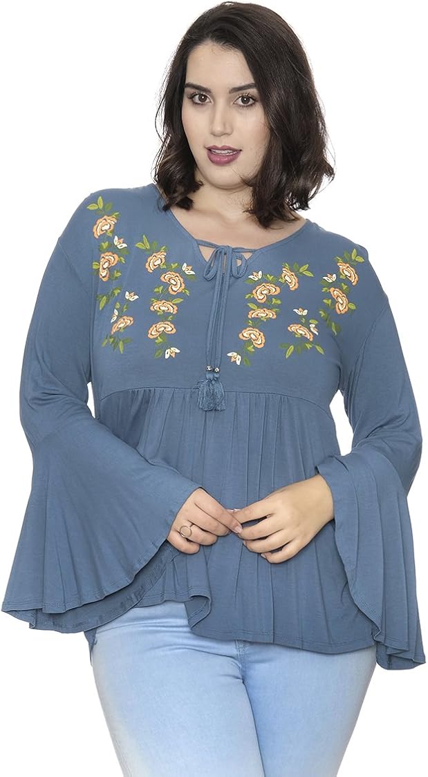 Plus Size Embroidered Bell Sleeve Top Blue 2X at Amazon Womenâs Clothing store