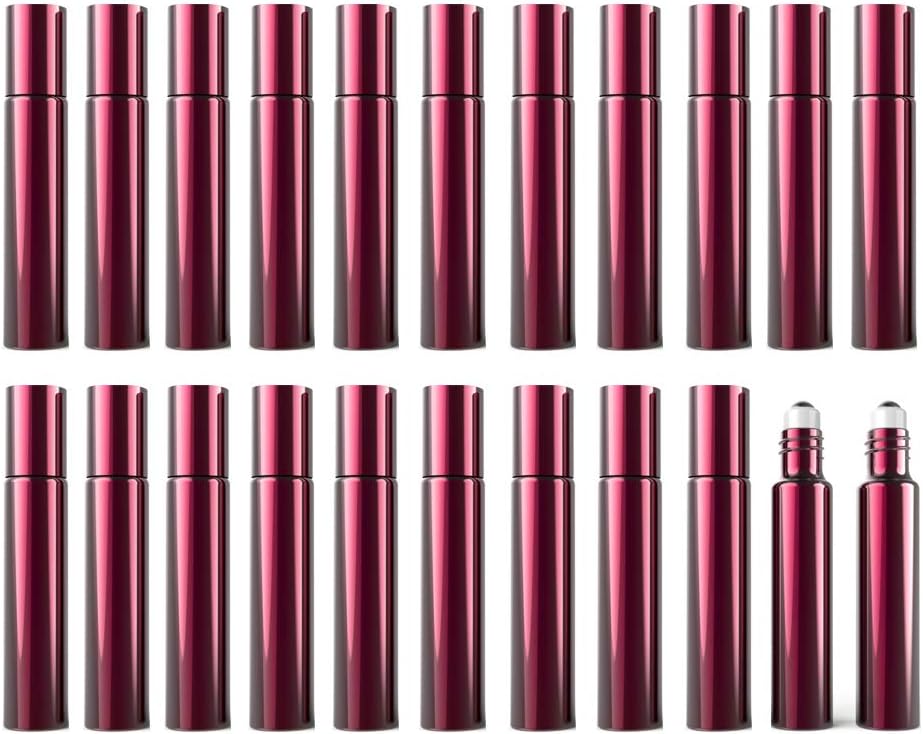 Danmu Art 20pcs 10ml Metal Glass Roller Bottles Perfume Roller Bottles Empty Refillable Glass Essential Oil Bottle red