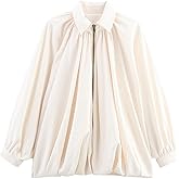 WOWULOVELY Women's Puffed Bomber Jacket Oversized Lapel Collar Streetwear Coat Long Casual Batwing Sleeve Zip Pleated Shirts