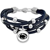 FTH Women’s Bracelet, Leather Cord Bracelet with Silver Beads and Team Logo Charm, Officially Licensed NCAA Women’s Jewelry, 7.5 Inch