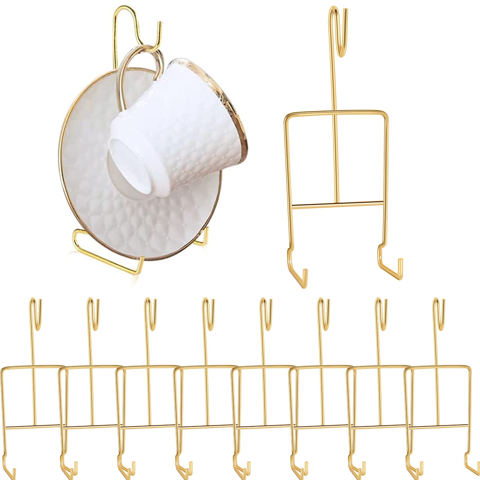 Beenle-Icey 8Pcs Coffee Cup Holder, Stainless Steel Tea Cup and Saucer Display Stand, Elegant Vintage Metal Tea Service Display Rack for Kitchen Plate, Teapot, Coffee Mug