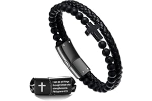Hengbofeng Mens Adjustable Cross Bracelet, Black Braided Leather Cuff with Stainless Steel Cross & Onyx Bead - 7.5-9 Inch Fit for Dad, Brother, Son - Bible Verse Christian Religious Gift for Men