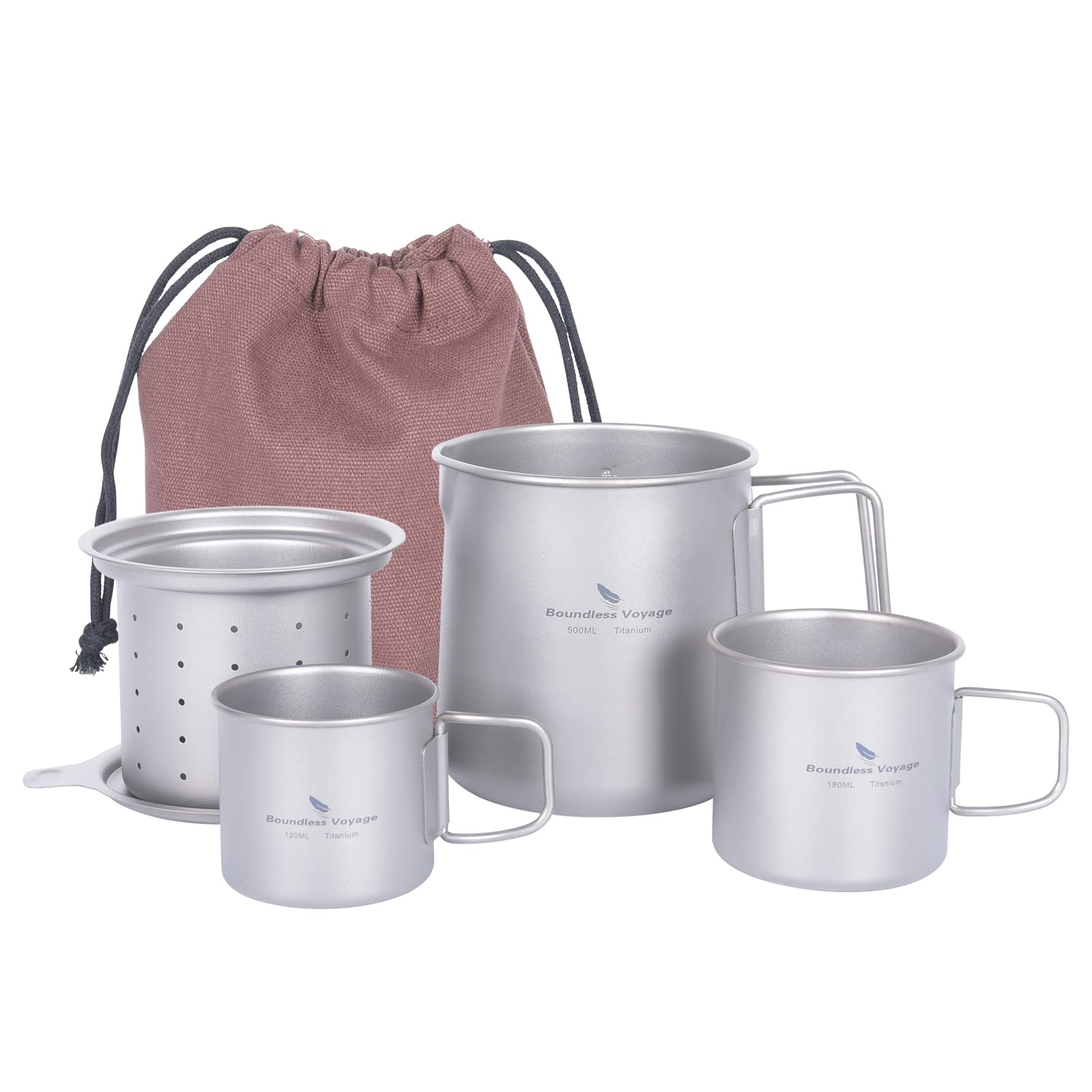 iBasingo Portable Travel Tea Set with Carry Bag for Adults Ultralight Stackable 500ml Outdoor Camping Titanium Teapot with Detachable Filter 120ml 180ml Mug Hiking Backpacking Drinkware Ti3127D