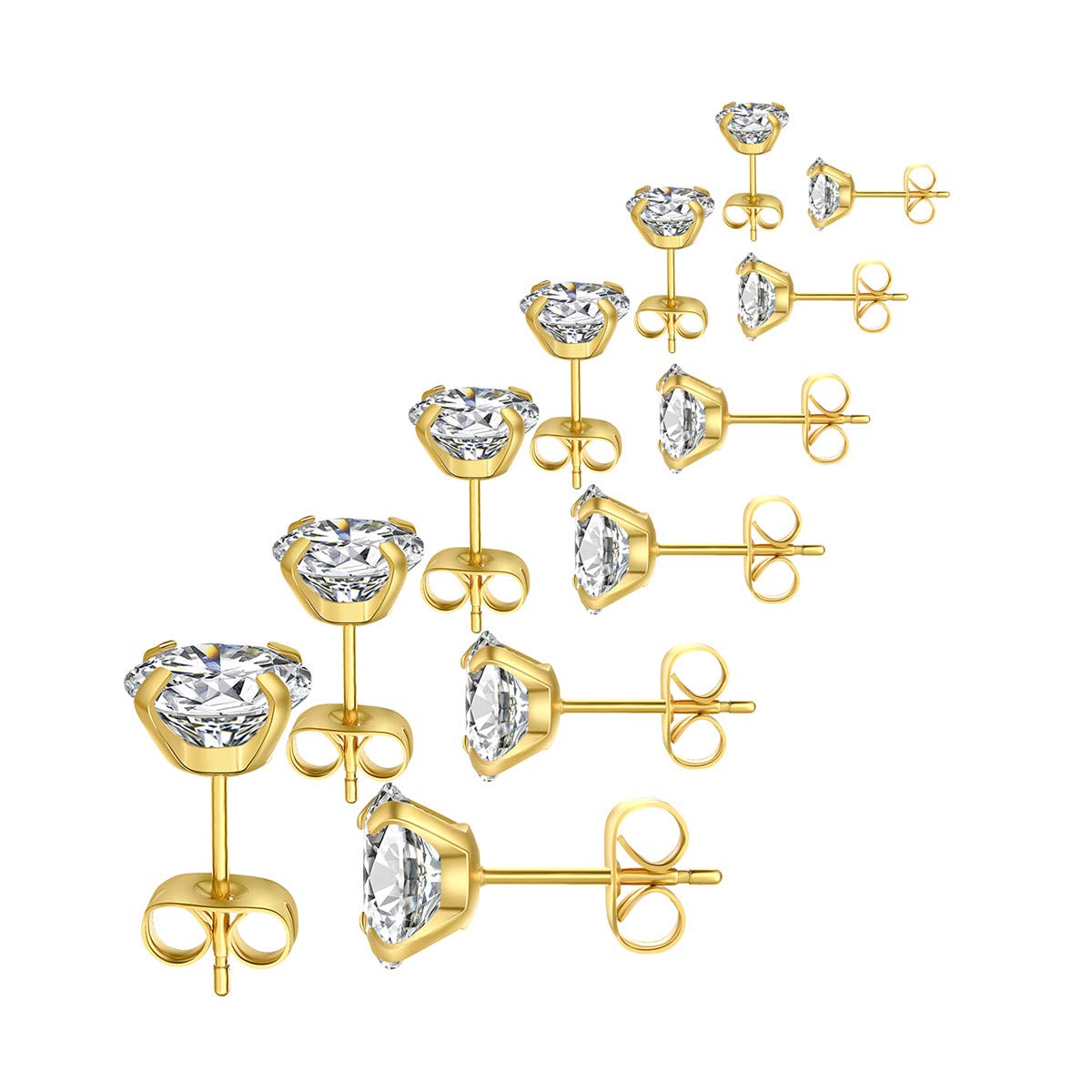 FOSIR 6 Pairs CZ Stud Earrings Set, Men Women Stainless Steel Cubic Zirconia Earrings, 3-8mm