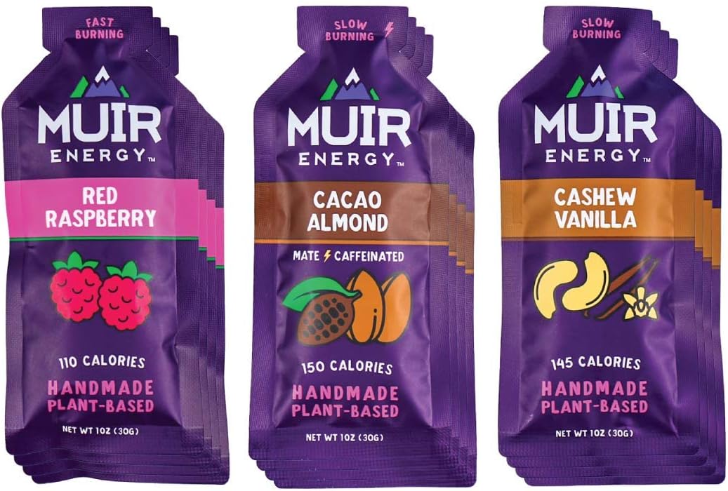 Muir Energy Real Food Energy Gel Variety Pack - 12-Count - Organic Fuel for Endurance Athletes (Red Raspberry/Cacao Almond Mate/Cashew Vanilla)