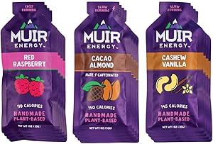 Muir Energy Real Food Energy Gel Variety Pack - 12-Count - Organic Fuel for Endurance Athletes (Red Raspberry/Cacao Almond Mate/Cashew Vanilla)