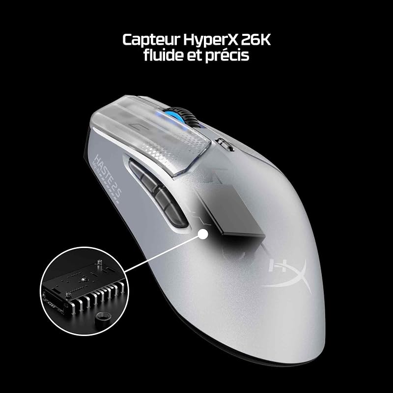 Pulsefire Haste 2 S Wireless, Souris Gaming sans Fil Ultra Légère 64 g, Coque en Alliage de Magnésium, Capteur HyperX 26K Jusqu’à 26 000 DPI, Autonomie Jusqu’à 120h, Patins en Verre, Bleu