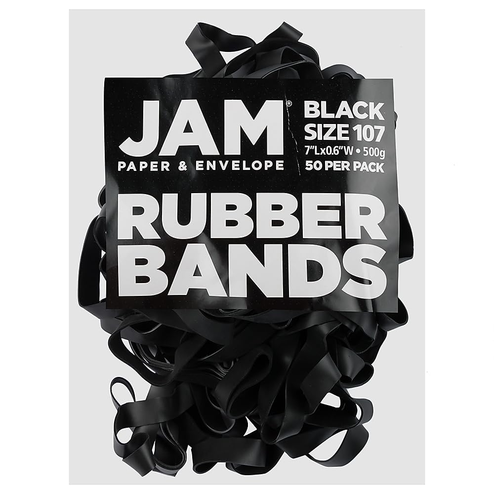 JAM PAPER Durable Rubber Bands - Size 107 - Black Multi-Purpose Rubberbands - 50/Pack