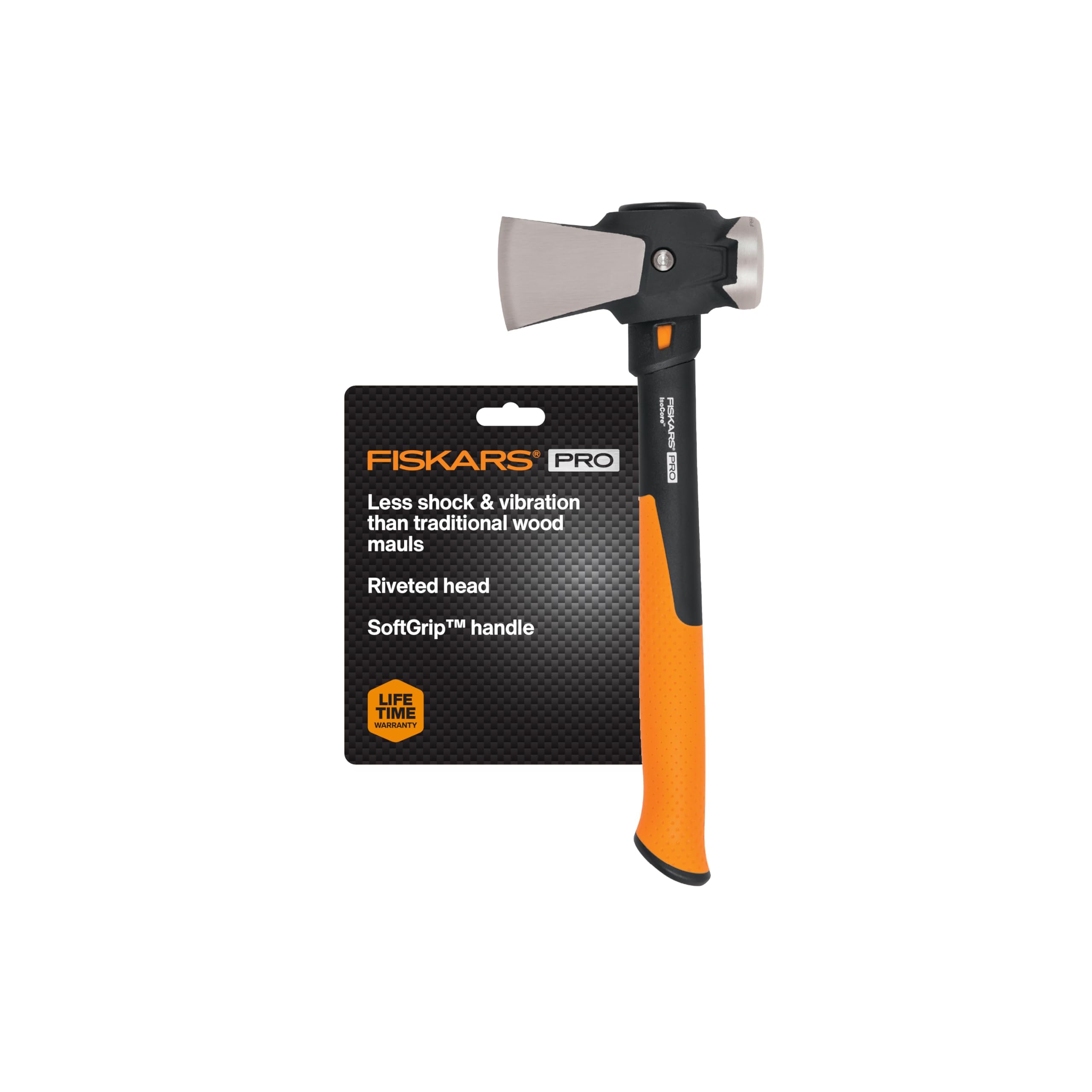 Fiskars Pro IsoCore Maul - Partidor de madera de 2,5 libras para troncos y leña de tamaño pequeño con mango que absorbe los golpes - Negro/Naranja