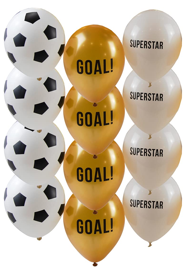 Talking Tables Pack of 12 Football Balloons Decorations for Kids Birthday Party or Adults, Latex and can inflate with Helium, White Gold