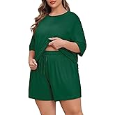 Lastshe Womens Plus Size Pajama Set 2 Piece Soft Short Sleeve with Pockets Summer Shorts Sleepwear Knit Pjs Lounge Set