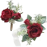 MAFELOE Wrist Corsage and Boutonniere Set Artificial Rose Flowers Accessories for Groom Bride Groomsmen Bridesmaids Wedding Party Prom Suit - Burgundy 2 Pieces