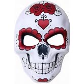 RILACON Dia de los Muertos Sugar Skull Mask for Adults - Day of The Dead Face Cover with Red Roses & Hearts, Halloween Costume Accessory for Cosplay Party, Home Wall Decor