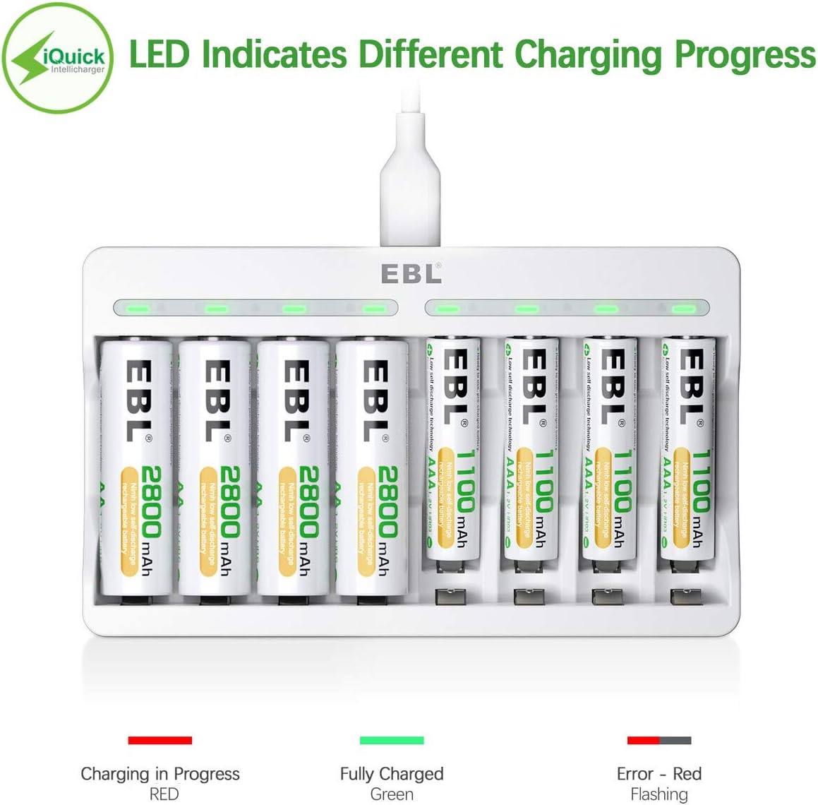 EBL Rechargeable AA Batteries 2800mAh 8 Pack and 8-Bay AA AAA Individual Rechargeable Battery Charger with 5V 2A USB Fast Charging Function: Home Audio & Theater