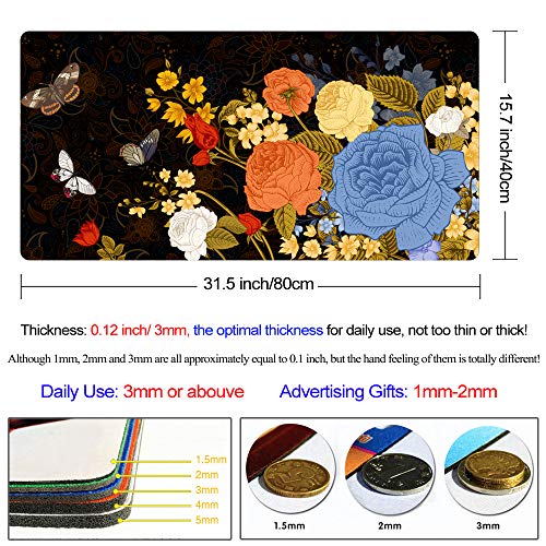 Extra Large Mouse Pad - Floral Design Gaming or Desk Mousepad - 31.5" x 15.7"x0.12''(3mm Thick)- XXL Protective Keyboard Desk Mouse Mat for Computer/Laptop-Rose with Butterfly