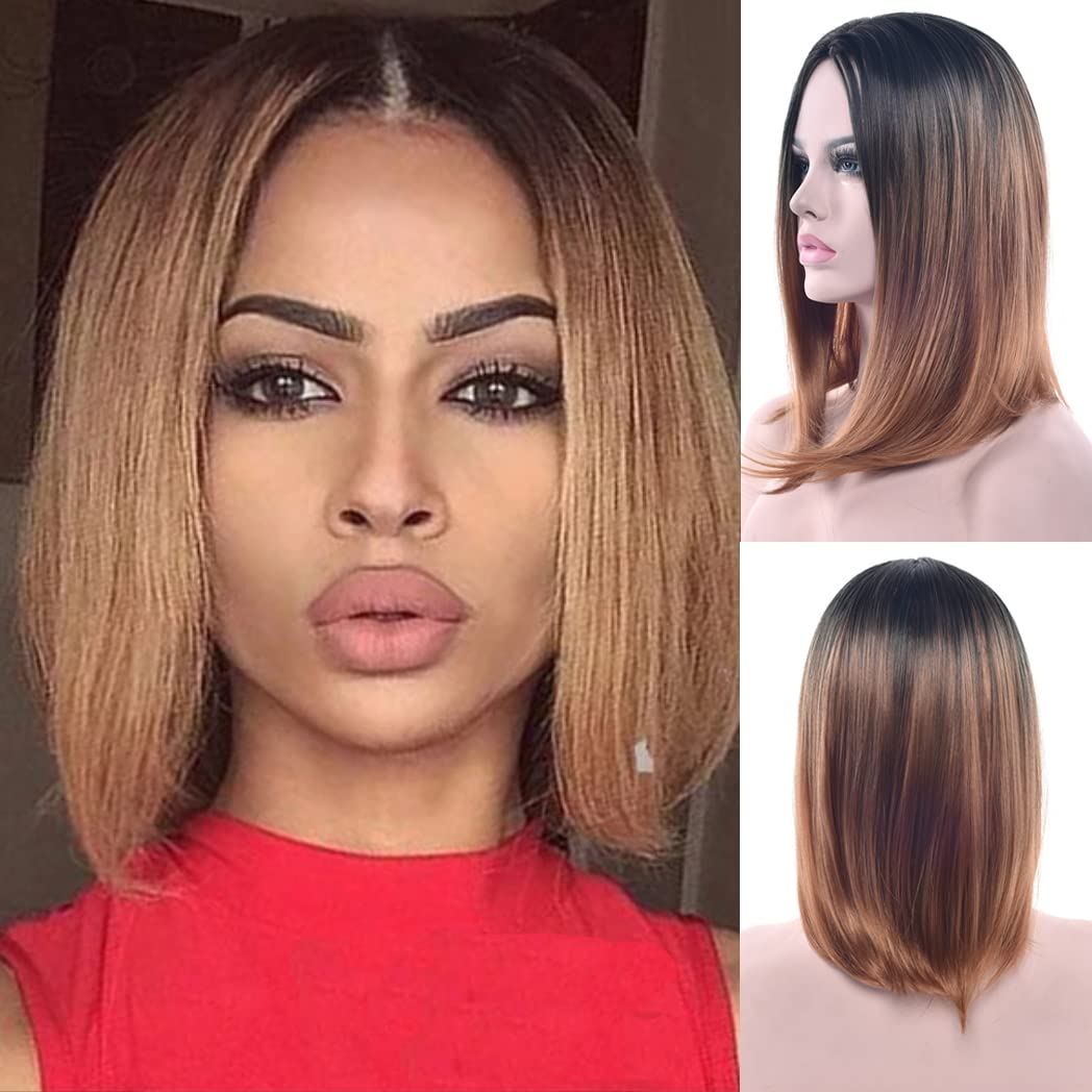 IMISSU Short Natural Hair Wigs Cosplay Wig Ombre Color Halloween Costume Party Wigs for Women (Black to Brown)