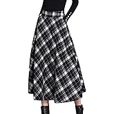 Tanming Women's Winter Warm Elastic Waist Wool Plaid A-Line Pleated Long Skirt