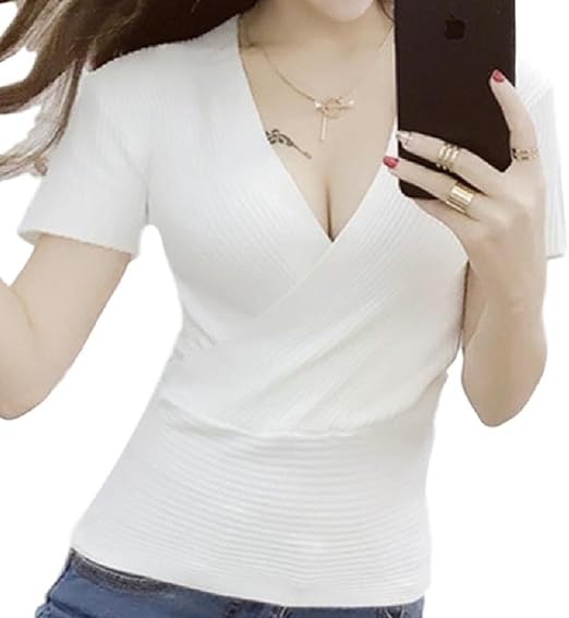 Amazon ビコノワール Vネック カシュクール ニット 胸元 スッキリ 半袖 セクシー シンプル 無地 カットソー トップス レディース ホワイト Tシャツ カットソー 通販