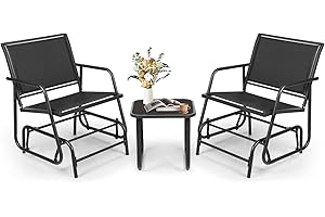 Betterland 3-Piece Outdoor Patio Swing Glider Loveseat Chair, Garden Rocking Chair Patio Bench for 2 Person, Steel Frame Porch Chair Set with Textilene Fabric(Black)