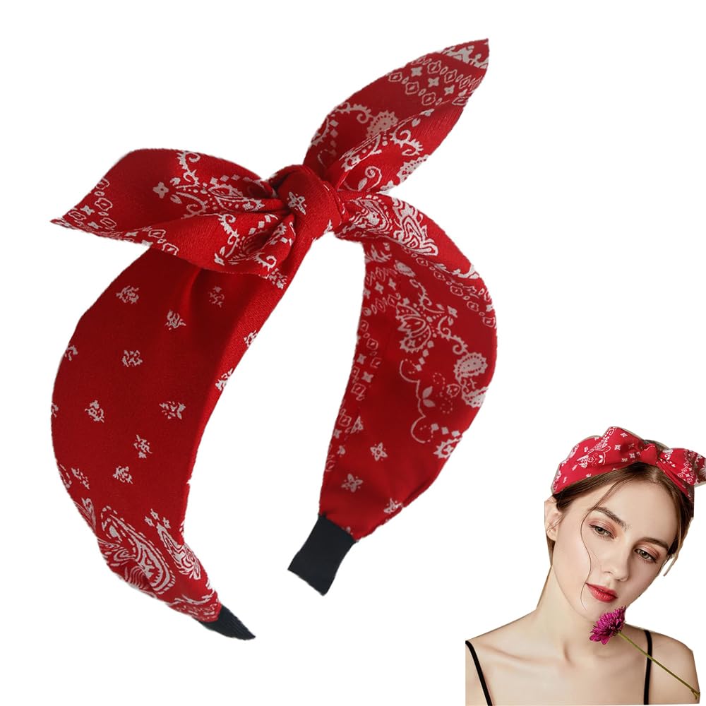 Red Paisley Bow Headband with Elastic Band for Women and Girls - Halloween Hair Accessory