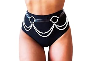 REETAN Rave Waist Chain Belt Punk Black Leather Body Accessories for Women