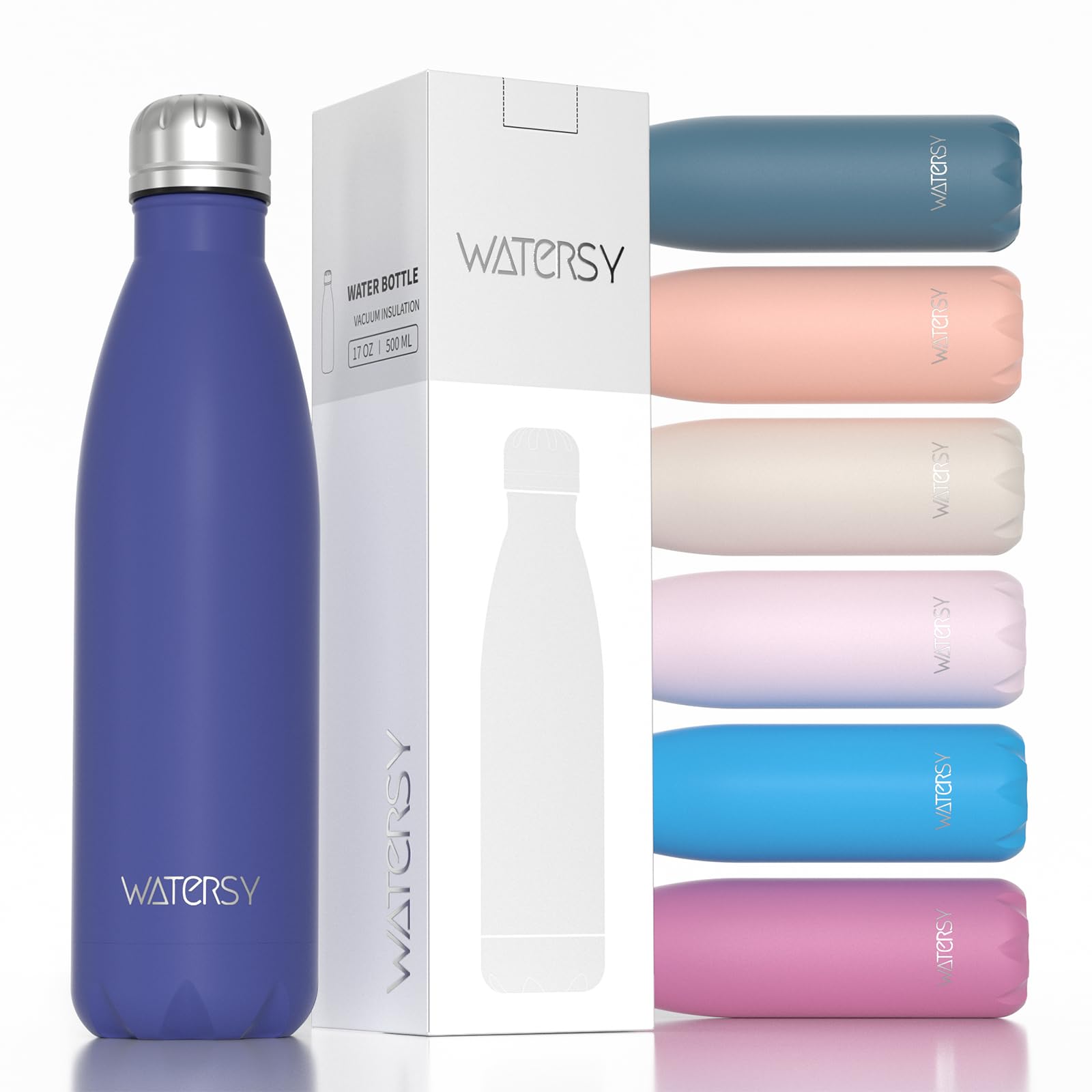 WATERSY Stainless Steel Insulated Water Bottle, Double Walled Metal Vacuum Flask 24 Hrs Cold & 12 Hrs Hot Thermal Metal Sports Bottles 500ml BPA Free for Outdoor, Work, Gym, School (Dark Blue)