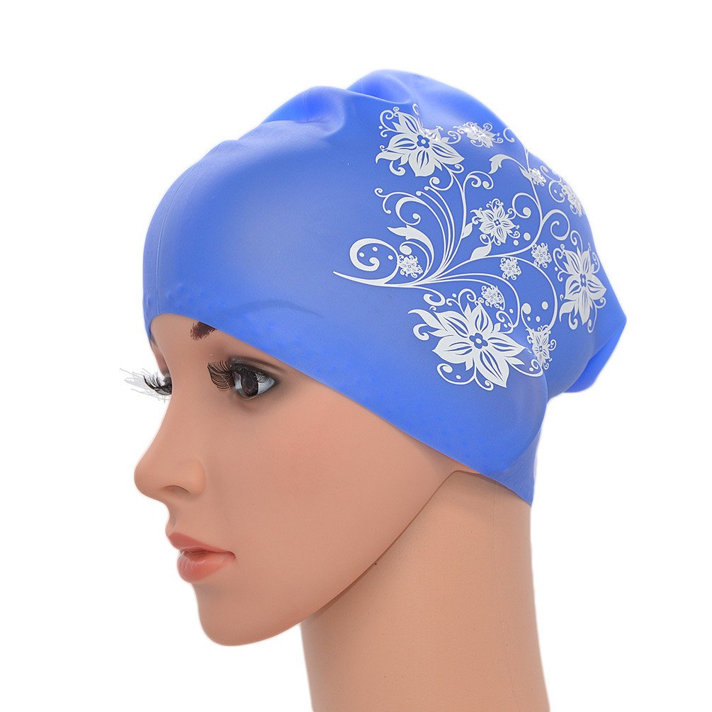 Medifier Women Ladies Flower Print Elastic Silicone Water Pool Swimming Hat Cap Ear Wrap Hat for Long Hair Adults(Blue)