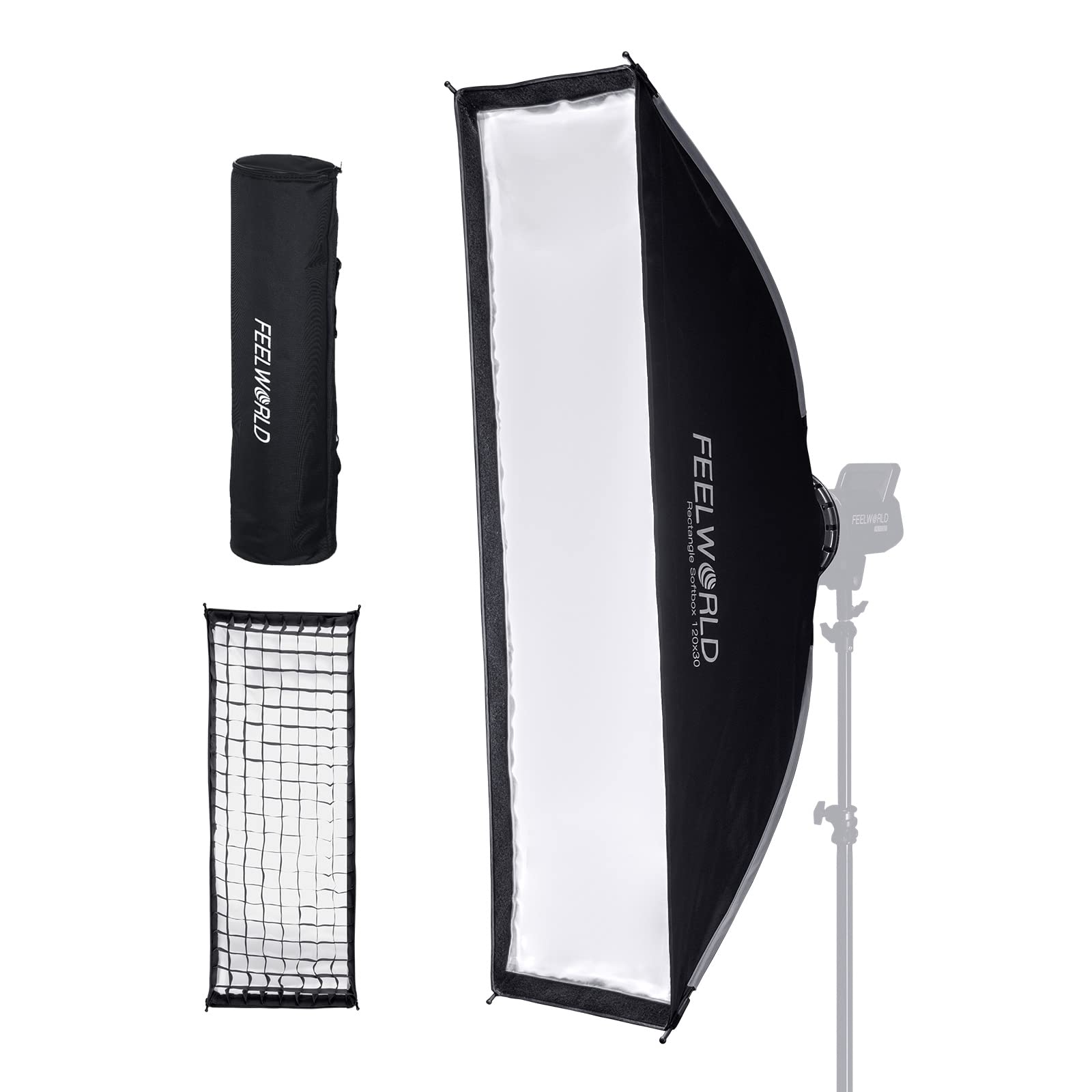 Photo 1 of FEELWORLD FSR120 Rectangular Softbox, 30x120cm Rectangle for FEELWORLD FL125D FL125B FL225D FL225B and Other Bowens Mount Video Studio Light, for Live Streaming, Videography, Photography