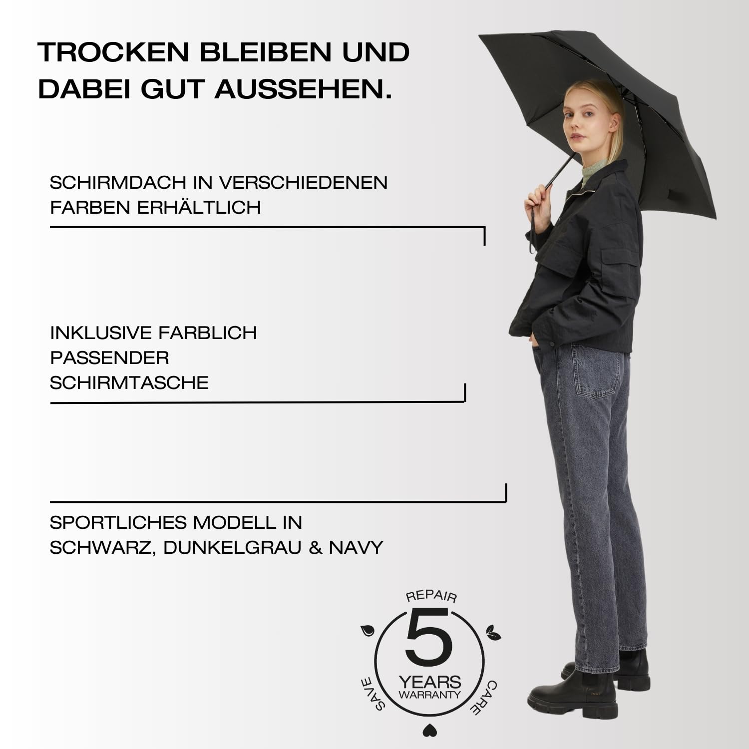Knirps Regenschirm C.050 Small Manual Dark Grey mit Schirmtasche I kleiner Regenschirm für unterwegs I Handöffner Taschenschirm I windstabiler & leichter Mini Schirm 6