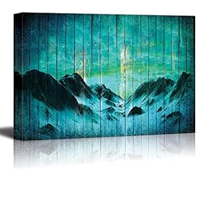 Vignette Around Mountain Silhouettes Over Teal Wooden Panels