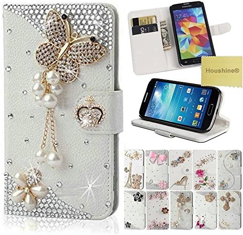 J1 Ace Case, Houshine Handmade Bling Crystal Rhinestone Folio Wallet Stand PU Leather Case with cash/card holder for Samsung Galaxy J1 Ace Case, pearl butterfly