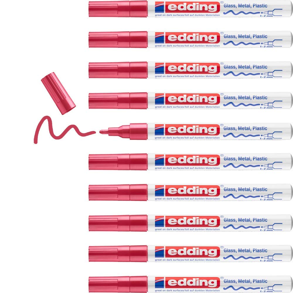 edding 751 gloss paint marker - red - 10 paint markers - round tip 1-2 mm - paint pen for glass, pebbles, wood, plastic, paper - waterproof, high coverage