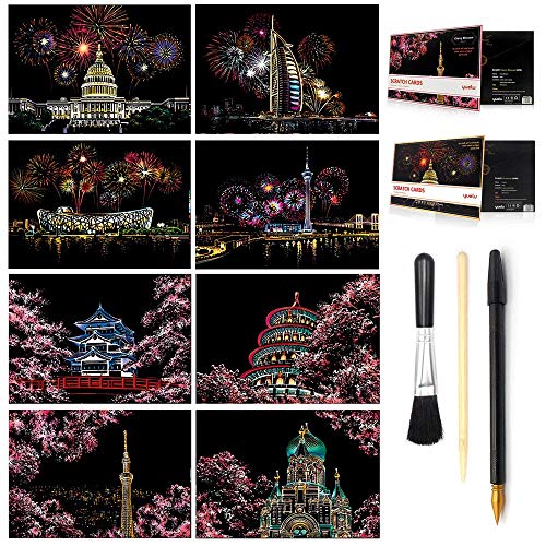 Ageqi Scratch Art Paper Rainbow Painting Sketch Pad for Adult and Kids, Night View Scratchboard, DIY Arts & Crafts,with 4 Tools,Size:11.7''x8.3''(A4)