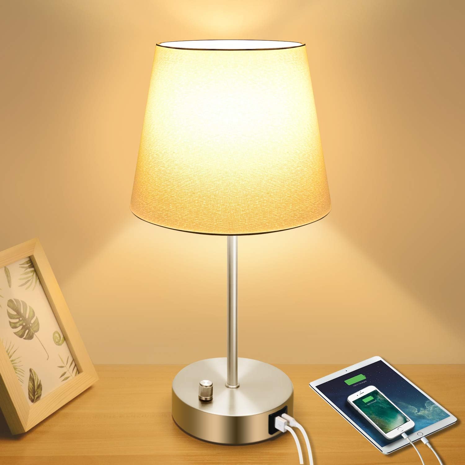 Fully Dimmable Bedside Table Lamp with USB and Type-C Ports, Modern Nightstand Lamp, Desk Reading Lamp with Fabric Shade for Bedroom Living Room Dorm Office & Hotel, 7W 2700K LED Edison Bulb Included - - 
