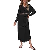 Bsubseach Women's Casual Long Sleeve Hollow Out Lace Button Down Long Kimonos Cardigans Swimsuit Cover Ups Summer Beach Dress